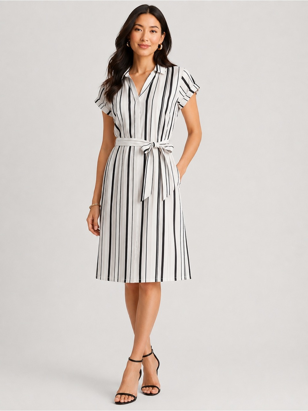 NWT Striped Tie-Waist Shirt Dress in Black and White